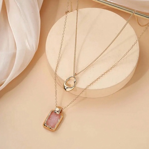 SHEIN Jewelry - SHEIN Classic Layered Cut Out Briolette Necklace W/ PINK Resin Square Pendant